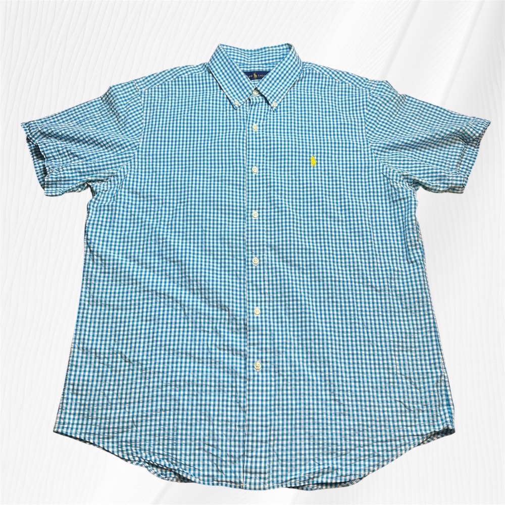 Ralph Lauren Mens Button Down Shirt Short Sleeve Gingham Check Yellow Logo Large